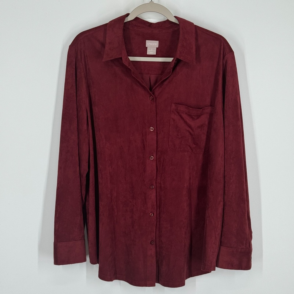 Chico's 3 Womens 16/18 Blouse Long Sleeve Faux Suede Button Down Burgundy XL